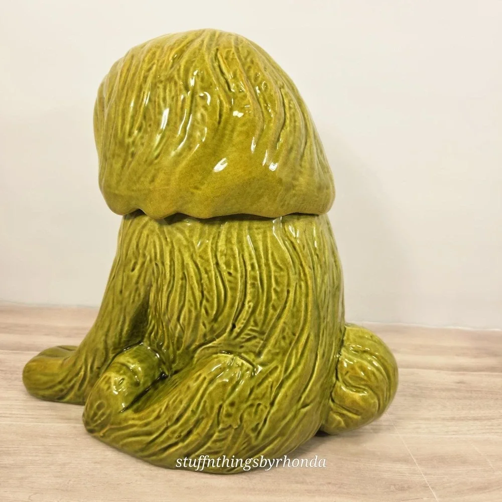 Vintage 1970s MCM Avacado Green Sheepdog Cookie Jar By Doranne of California